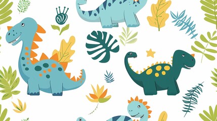 Cheerful cartoon dinosaurs roaming a leafy wonderland