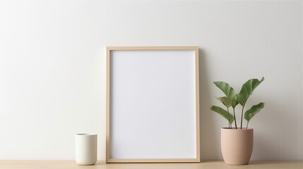 A wooden framed white picture sits on a wooden table