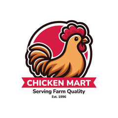 Chicken Farm Logo Illustration. Rooster Mascot Design. Suitable for T-shirt, Badge, Emblem, Print, Business, Brand, Fast Food, Culinary Brand, Restaurant. Vector, Editable Color