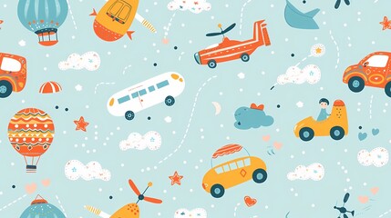 Colorful array of whimsical vehicles soaring and driving among the clouds and stars