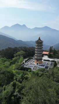 Aerial view of Pa Cien Pagoda with Ita thao pier background in Nantou