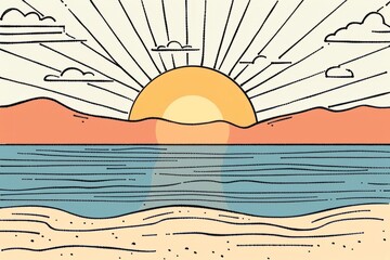 Cartoon cute doodles of a minimalist beach sunset with just a few curved lines depicting the sun sinking below the horizon, Generative AI