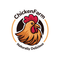 Chicken Farm Logo Illustration. Rooster Mascot Design. Suitable for T-shirt, Badge, Emblem, Print, Business, Brand, Fast Food, Culinary Brand, Restaurant. Vector, Editable Color
