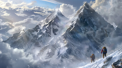 Climbing the mountain in the middle of a snow storm, extreme sports in winter, nature and adventure