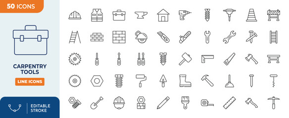 carpentry tool Line Editable Icons set. Containing toolbox, safety vest, builder, shovel trowel, hammer, screwdriver, screw, nut etc. Editable stroke. Vector illustration	