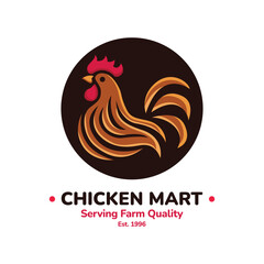 Chicken Farm Logo Illustration. Rooster Mascot Design. Suitable for T-shirt, Badge, Emblem, Print, Business, Brand, Fast Food, Culinary Brand, Restaurant. Vector, Editable Color