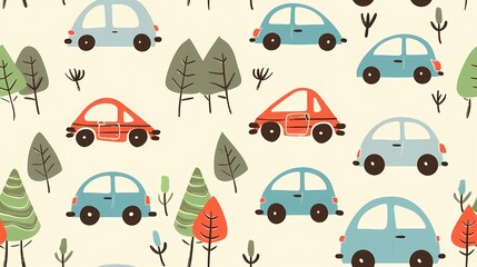 Colorful cartoon cars and trees pattern