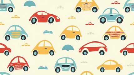 Fototapeta premium Colorful cartoon cars in a fun repeating pattern
