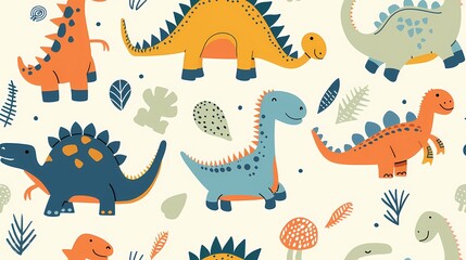 Colorful cartoon dinosaurs frolicking amongst foliage