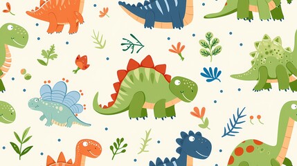 Colorful cartoon dinosaurs roam a cheerful plant filled landscape
