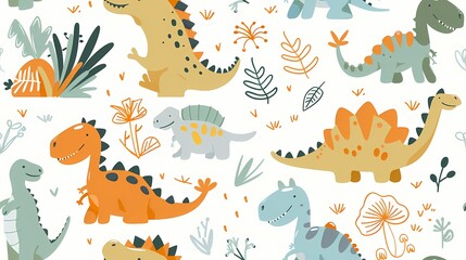 Colorful cartoon dinosaurs roaming in a playful patterned landscape