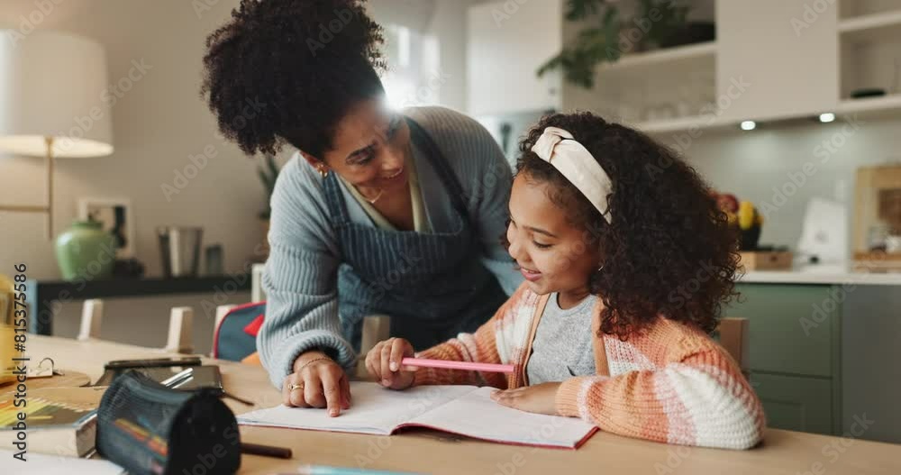 Poster mom, girl and excited with high five for homework with book to study or read for knowledge, educatio