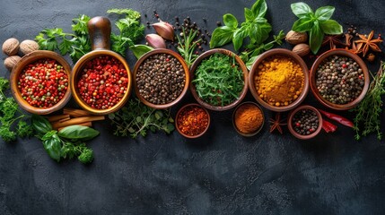 The diverse assortment of spices and herbs from various corners of the globe is showcased in the innovative emblem of global cuisine