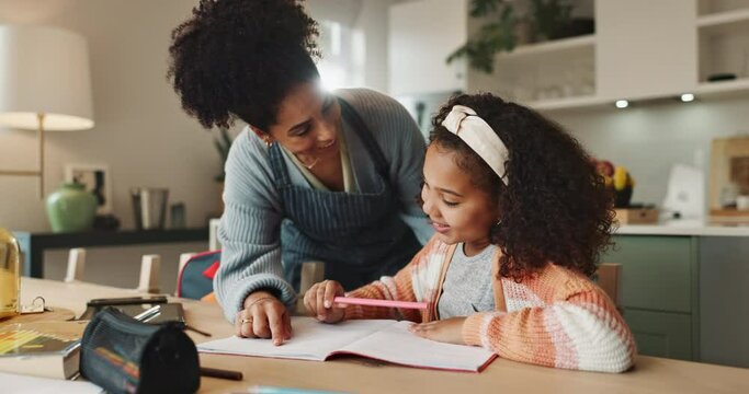 Mom, girl and excited with high five for homework with book to study or read for knowledge, education and learning. Parent, kid and school project with support, care and help for child development