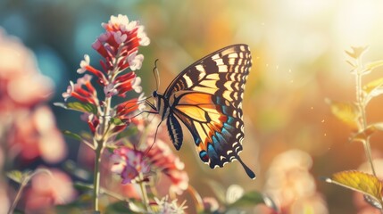 Obraz premium This image captures a colorful butterfly on pink flowers, contrasted beautifully against a soft, blue bokeh background for a dreamy effect