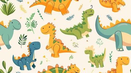 Colorful dinosaurs frolic amidst a playful leafy backdrop