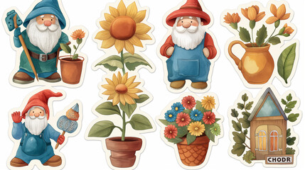 Naklejka premium Set of cute cartoon gnomes with garden tools and flowers.
