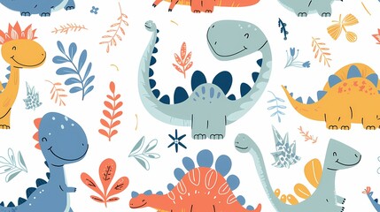 Colorful dinosaurs frolicking among whimsical flora