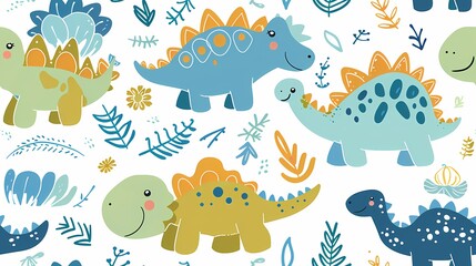 Colorful dinosaurs frolicking among whimsical foliage