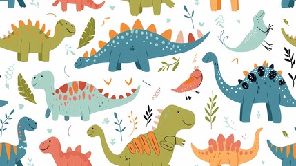 Colorful dinosaurs frolicking in a whimsical pattern