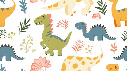 Colorful dinosaurs frolicking amongst whimsical flora