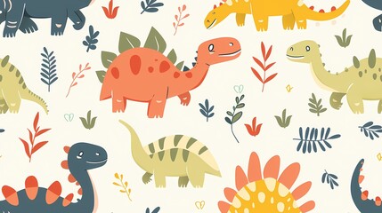 Colorful dinosaurs frolicking in a whimsical prehistoric garden