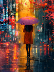 Elegant european woman strolls through rain-drenched streets with umbrella in hand