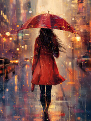Rainy day elegance: european woman strolling with umbrella in hand