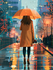 Graceful beauty: european woman walks through rain with umbrella in hand