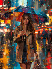 Rainy day chic: european female model walks with umbrella in hand