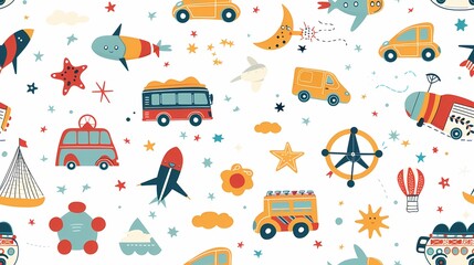 Colorful pattern of various vehicles and stars on a light background