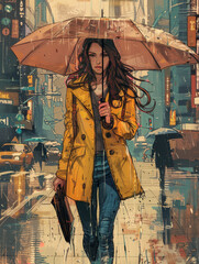Classic european charm: woman braving the rain with umbrella in hand