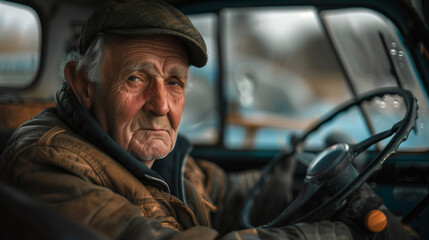 Seasoned Driver: Elderly Man in His Vintage Truck