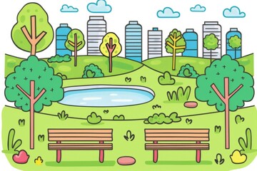 Cartoon cute doodles of a minimalist city park scene featuring basic shapes representing benches, trees, and a pond, Generative AI