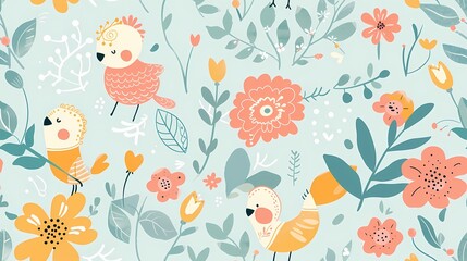 Colorful pattern with whimsical birds and flora