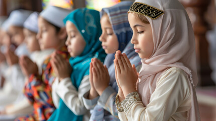 Obraz premium Young children in traditional attire engaged in prayer