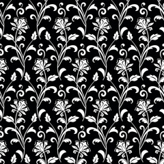 Flower pattern. Seamless white and black ornament. Graphic vector background. Ornament for fabric, wallpaper, packaging.