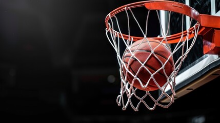 A basketball is in the air, about to go through a net