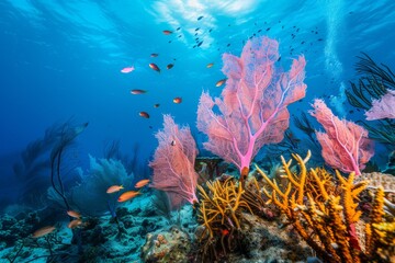 Naklejka premium A peaceful underwater sanctuary with vibrant coral formations and swaying sea fans