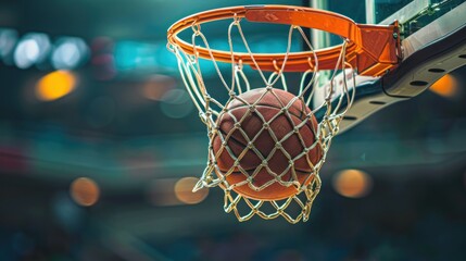 A basketball is hanging in a net - Powered by Adobe
