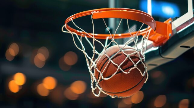 A basketball is in the net of a basketball hoop