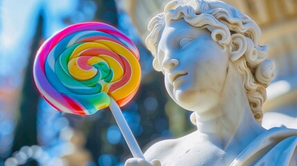 The wonder joy Pride month and LGBTQ+ concept the classic vintage nostalgia Roman statue holding rainbow lollipop on classic buildings background 