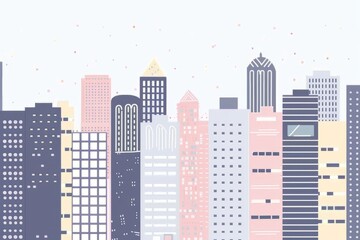 Cartoon cute doodles of a minimalist cityscape featuring basic geometric shapes representing skyscrapers and a few dots for windows, Generative AI