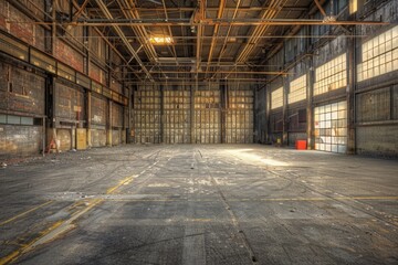 Empty industrial warehouse with weathered walls, exposed beams, and scattered debris