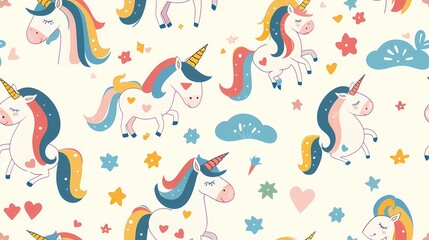 Colorful unicorns and stars pattern on a light background