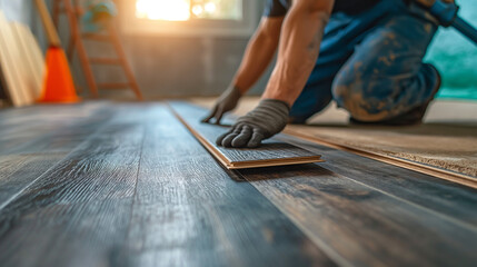 Handyman installing laminate flooring in a room