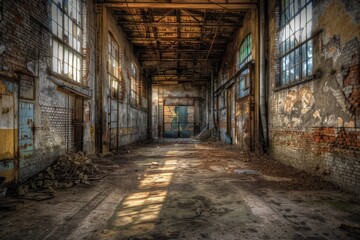 Fototapeta na wymiar Empty industrial warehouse with weathered walls, exposed beams, and scattered debris