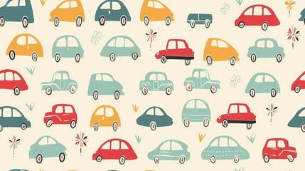 Colorful vintage cars pattern with festive fireworks