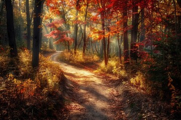 Winding trail through a forest ablaze with vibrant autumn foliage