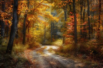 Obraz premium Winding trail through a forest ablaze with vibrant autumn foliage